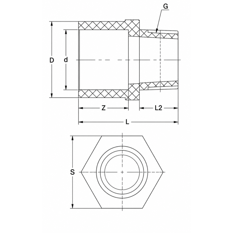 Муфта переходная с НР для раструбной сварки PP-H,IPS, PN10 d25