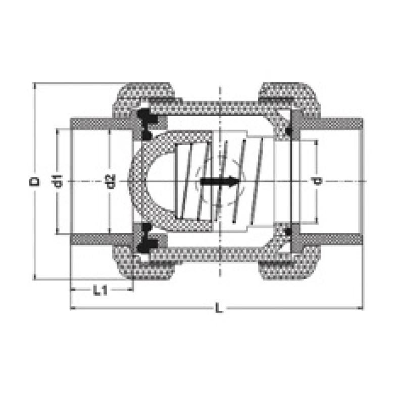 Пружинный обратный клапан ПВХ с муфтовыми окончаниям, EPDM  d40 (DN32) IPS