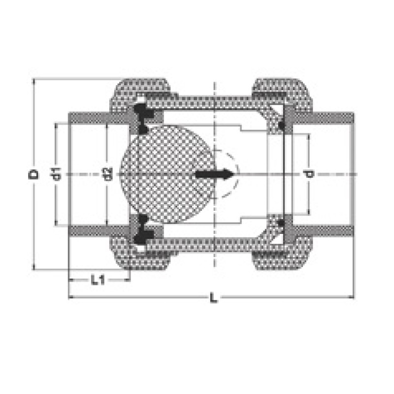 Шаровой обратный клапан ПВХ с муфтовыми окончаниям, EPDM  d25 (DN20) IPS